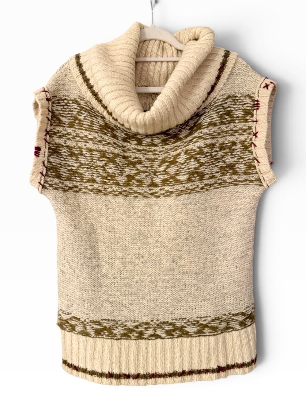 Free People Fair Isle Turtleneck Sweater Vest Cream Olive Boho Sleeveless Knit
